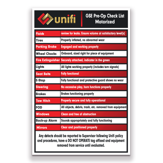 Decal - Unifi - GSE Pre-Op Check List Motorized